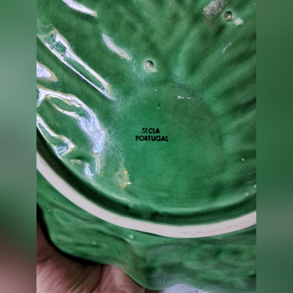 Vintage SECLA PORTUGAL Emerald Green Cabbage Serving Platter Attached Dip Bowl - Picture 5 of 15